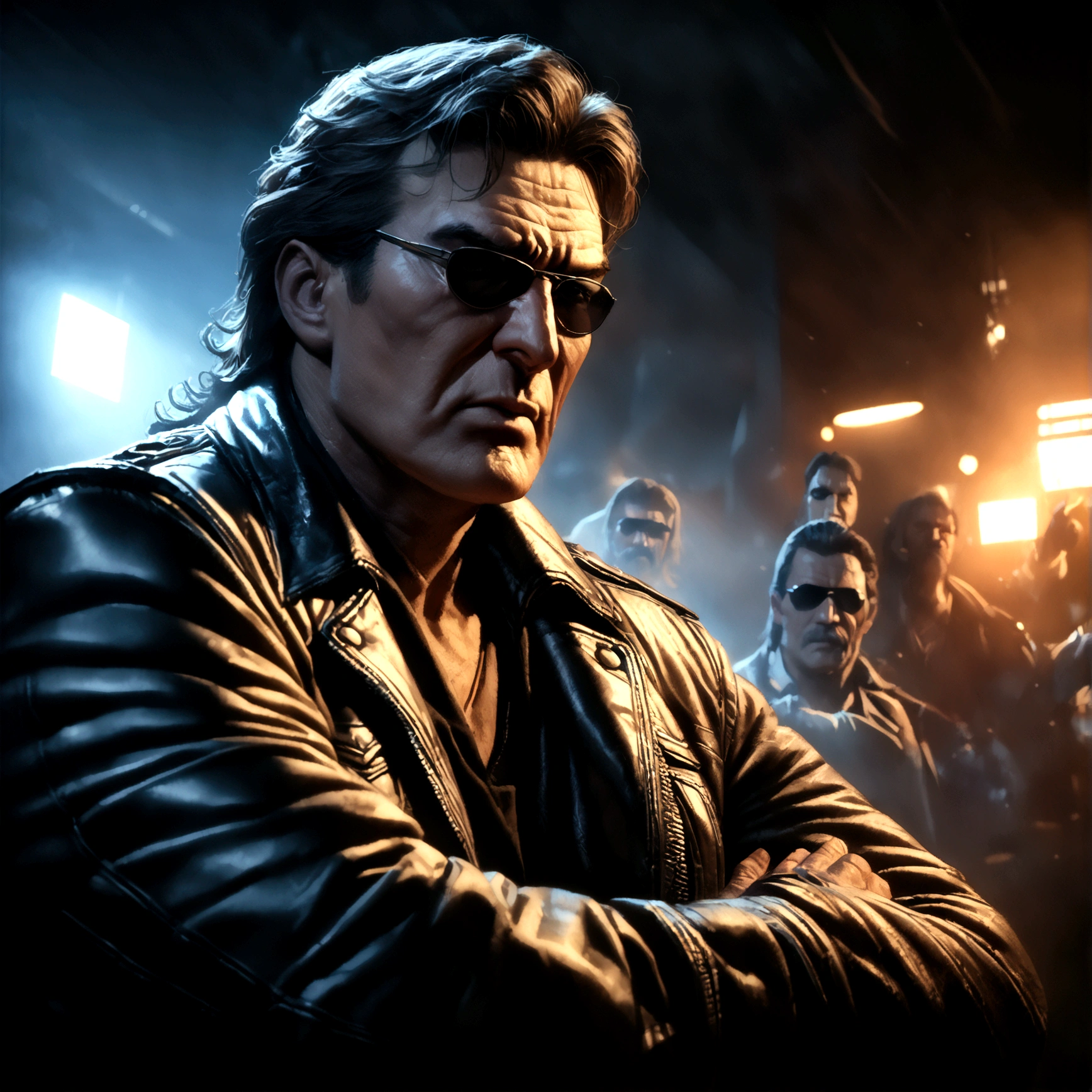 (a man (Kurt Russell 1986) in a leather jacket with sunglasses, angry facial expression (Big Trouble in Little China movies Jack Burton)), gesturing angrily arguing with (Steven Seagal as DC comics Batman), underground lair with high-tech equipment, dark moody lighting, dramatic composition, cinematic, (best quality,8k,highres,masterpiece:1.2),ultra-detailed,(realistic,photorealistic,photo-realistic:1.37),cinematic lighting,dramatic lighting,moody lighting,dark atmosphere,gritty,industrial,cyberpunk