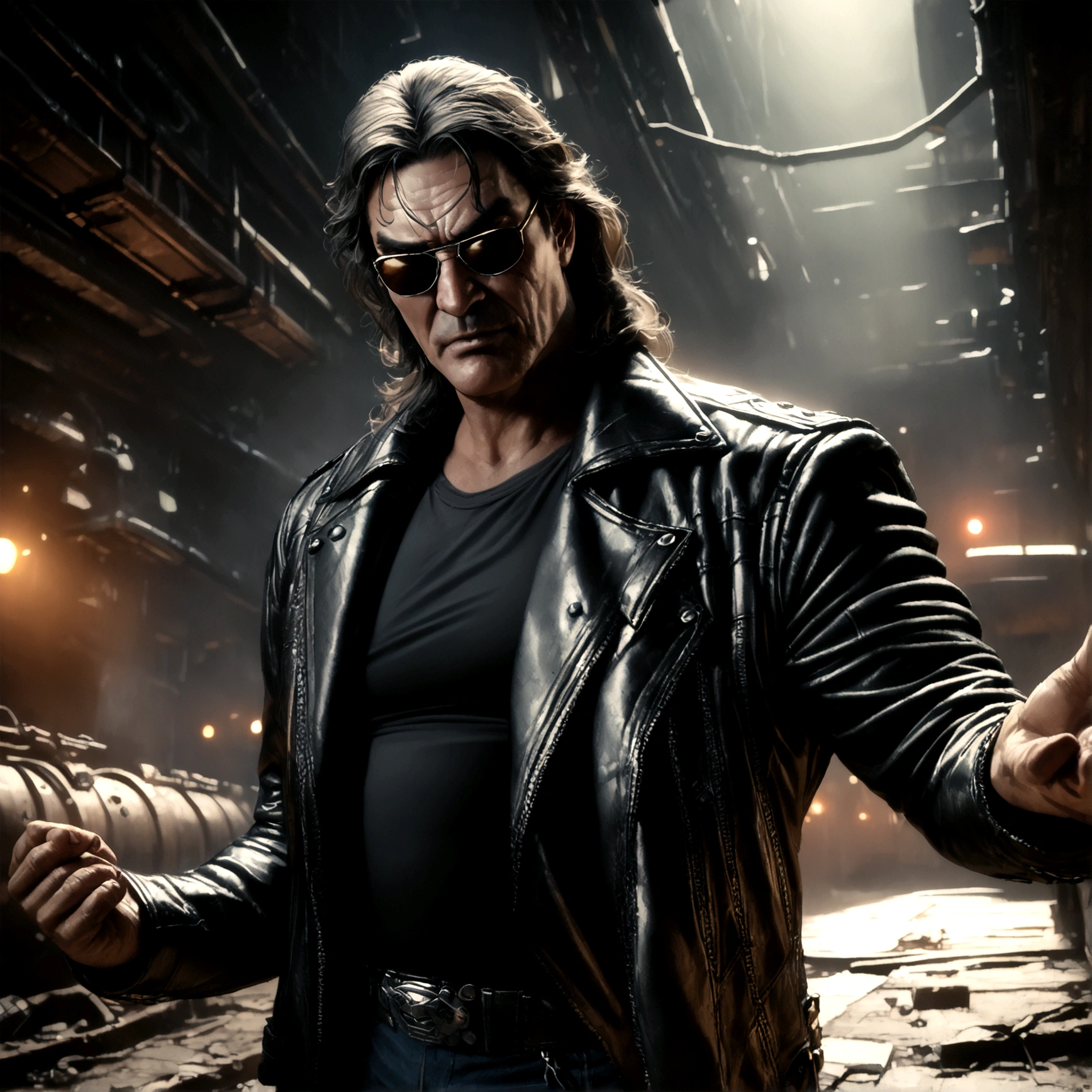 (a man (Kurt Russell 1986) in a leather jacket with sunglasses, angry facial expression (Big Trouble in Little China movies Jack Burton)), gesturing angrily arguing with (Steven Seagal as DC comics Batman), underground lair with high-tech equipment, dark moody lighting, dramatic composition, cinematic, (best quality,8k,highres,masterpiece:1.2),ultra-detailed,(realistic,photorealistic,photo-realistic:1.37),cinematic lighting,dramatic lighting,moody lighting,dark atmosphere,gritty,industrial,cyberpunk