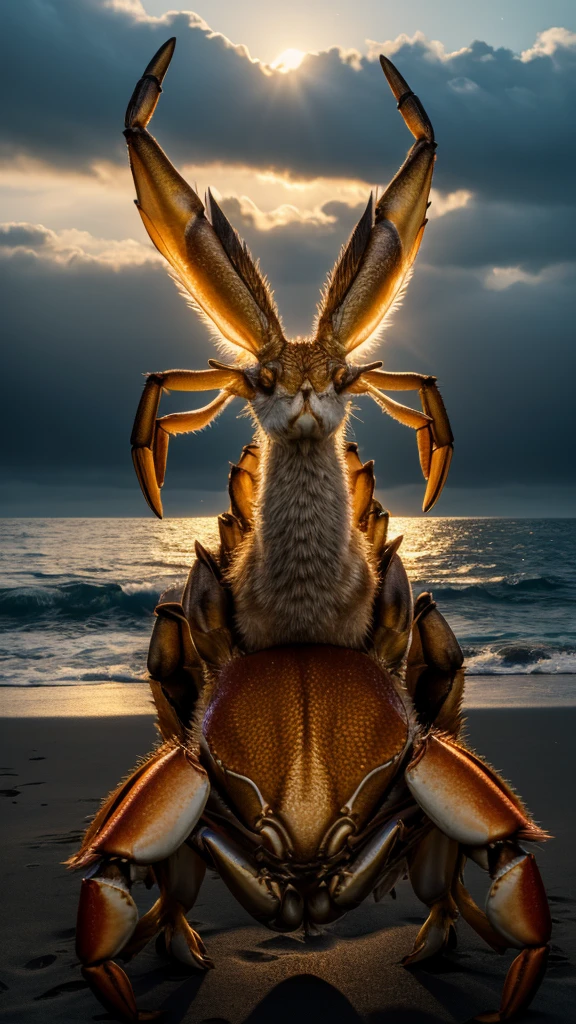 elegant and dreamy portrait of a serene male figure, standing peacefully on the shore of a vast ocean, surrounded by a majestic crab with open claws in a protective gesture, bathed in soft moonlight and atmospheric lighting, evoking the nurturing, intuitive and emotionally sensitive nature of Cancer, (best quality,4k,8k,highres,masterpiece:1.2),ultra-detailed,(realistic,photorealistic,photo-realistic:1.37),HDR,UHD,studio lighting,ultra-fine painting,sharp focus,physically-based rendering,extreme detail description,professional,vivid colors,bokeh,portraits,landscape,cinematic lighting,dramatic lighting,calming atmosphere,emotional,introspective,sensitive,compassionate,resilient