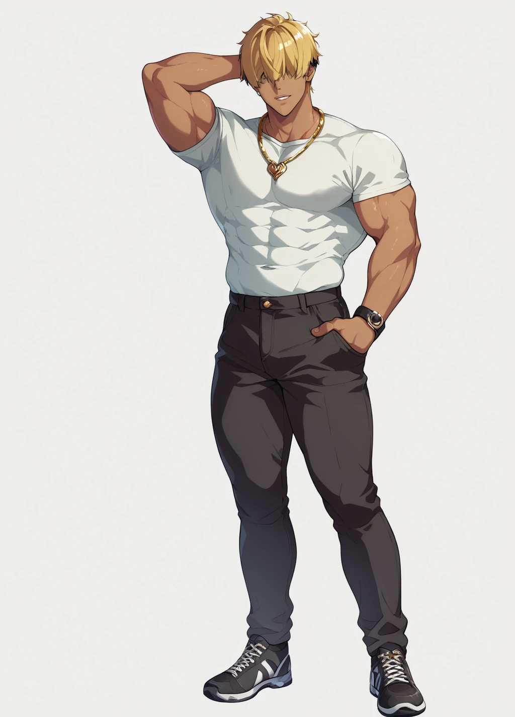Blonde、Detailed illustrations、Ultra-precise expression、masterpiece、Highest quality、ultra High resolution、High resolution、Hiromitsu Takeda Style、White background、Simple Background、stand、whole body、1 young man、Brown Skin、hair over eyes、solo、Bad look、Black Hair、Muscular、stand、White clothes、Black pants、Gold Necklace、Black shoes、Red mark on the back of the right hand、One arm behind head、