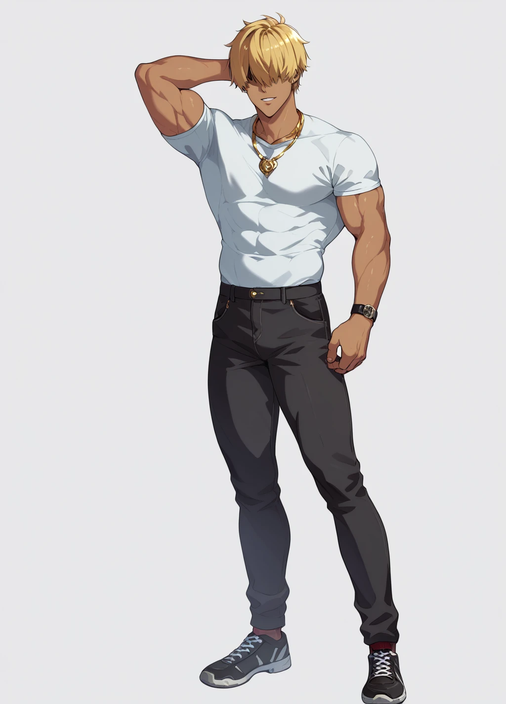 Blonde、Detailed illustrations、Ultra-precise expression、masterpiece、Highest quality、ultra High resolution、High resolution、Hiromitsu Takeda Style、White background、Simple Background、stand、whole body、1 young man、Brown Skin、hair over eyes、solo、Bad look、Black Hair、Muscular、stand、White clothes、Black pants、Gold Necklace、Black shoes、Red mark on the back of the right hand、One arm behind head、