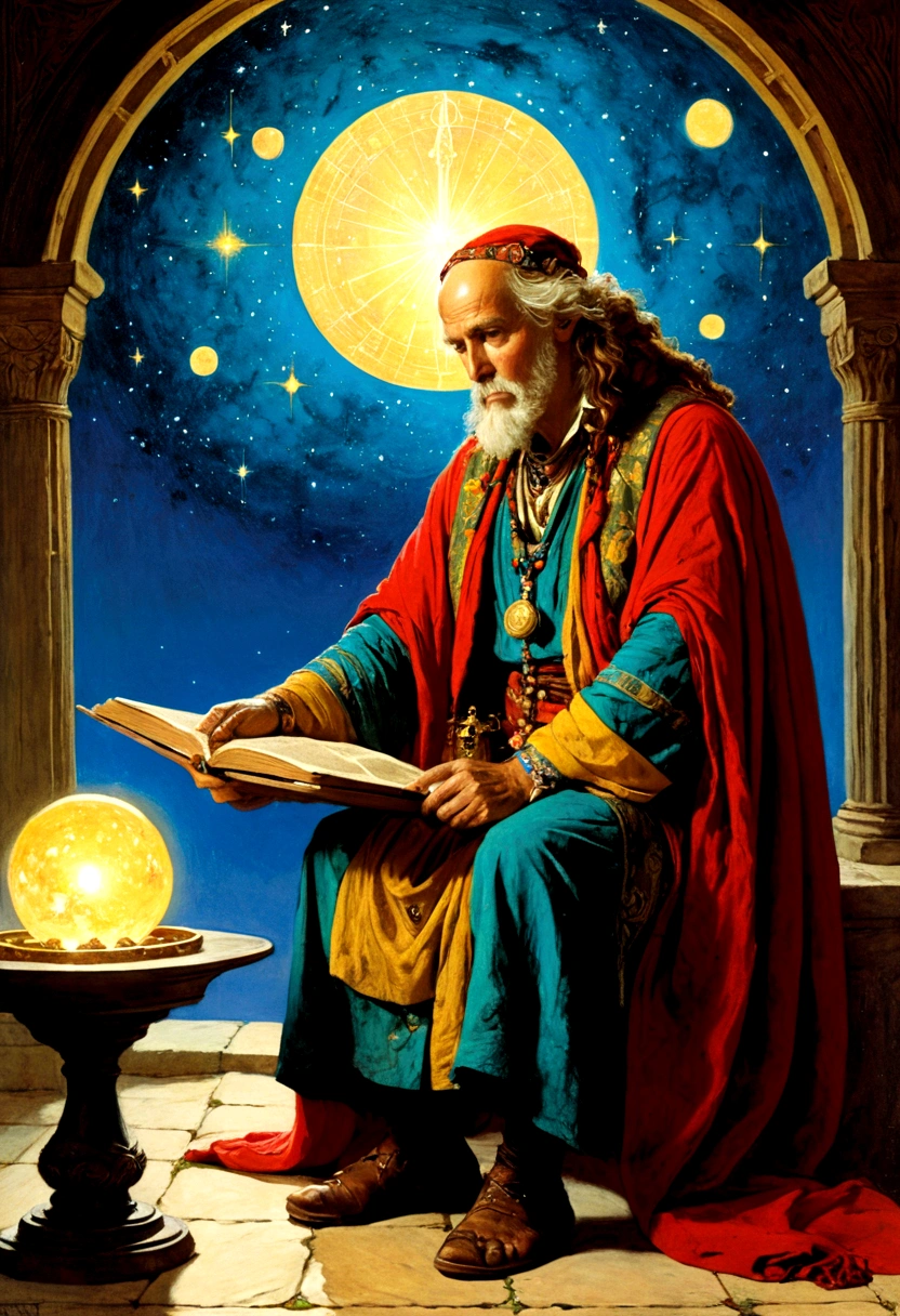 mysterious Astrologer, by dan mumford, full body, cinematic still, cinemascope, best quality, masterpiece, very aesthetic, perfect composition, intricate details, ultra-detailed, vivid colors