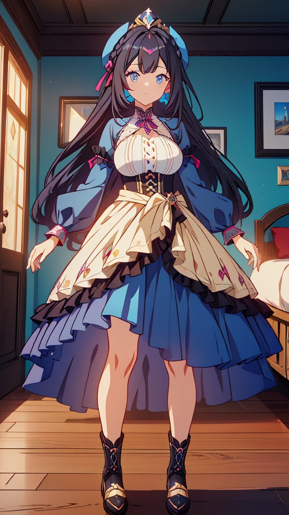 best quality, extremely detailed, anime style adult 1girl, long hair down to the waist, straight hair, ((dark black hair with bluish)),crown braid,beautiful detailed eyes, pinched eyes, dark blue eyes, huge breasts,curvy,(((colorful clothing))),Western clothes,Active Clothing,Clothing with intricate decorations,((foppery shoes)),animation cap,animated gif,((((western princess room)))),