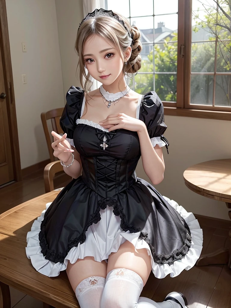 (8K, Photorealistic, Raw photo, of the highest quality: 1.3), (1girl in), Super beautiful, (Realistic face), (boyish, Silver Color Berry Shorthair), Beautiful , Glare that captivates the viewer, Beautiful expression, Beautiful breasts, (Realistic skin), Be...Super high quality, super high definition, super detailed, masterpiece, 20years old, female, cute, perfect face, beautiful, nice body, gothic ta clothes, gothic loliashion, frilly skirt, headdress, necklace, bracelet, knee-high socks, boots, double eyelids, tear bags, Detailed down to the fingers, photo-like description, indoors, dim indoor lighting, blonde hair, pony tail, standing, whole body, composition that shows the whole body, smiling
