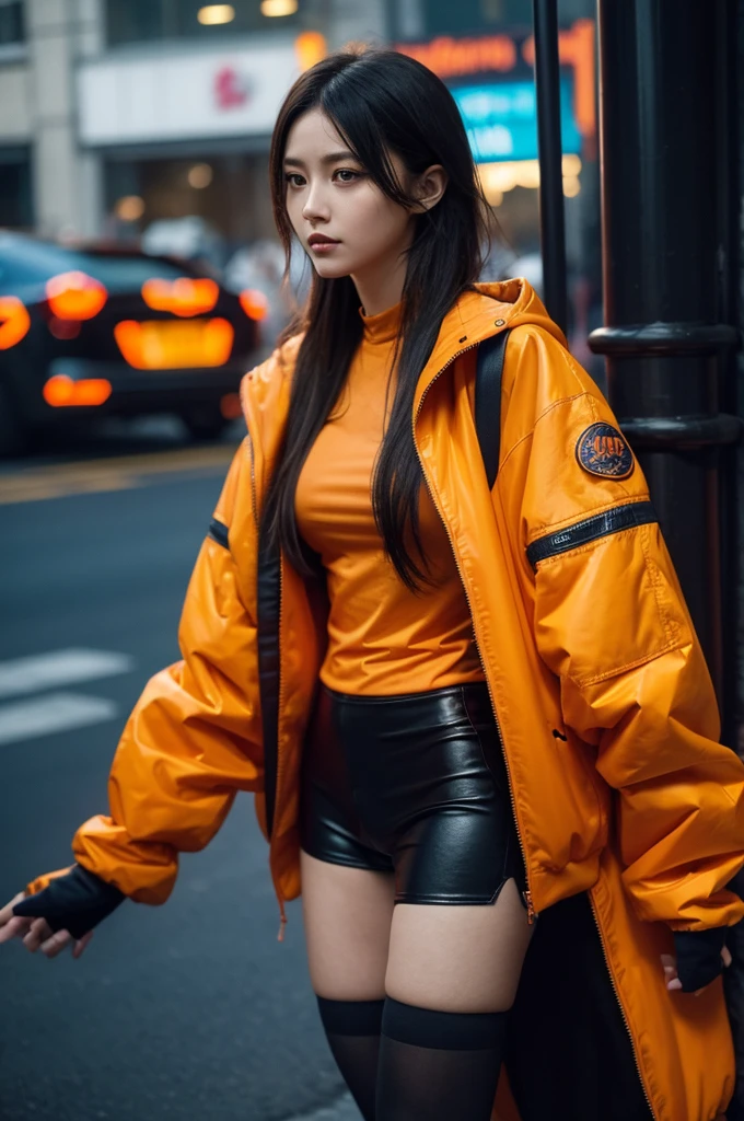 1 Girl,Solitary,Practical,Cyberpunk, , Halloween, pumpkin灯, Mechanical_arms, orange_jacket, No pants, orange_shirt, pumpkin, _novel, simple_background, Gloves, permanent, jacket, cowboy_shooting, urban tech wear, Full set of clothing,