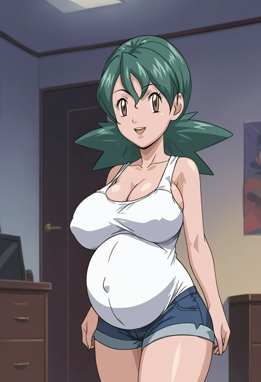 score_9, score_8_up, source_anime Bibl3, busty shortstack, jenny (pokemon), green hair, huge breasts, wide hips, viewed from front, standing in living room, vacant smile, staring at viewer, pregnant, open mouth, looking at viewer, empty eyes, multicolor tank top, exposed pregnant belly, denim shorts, full lips, vivid lips, detailed eyes, detailed face, pretty woman, morning