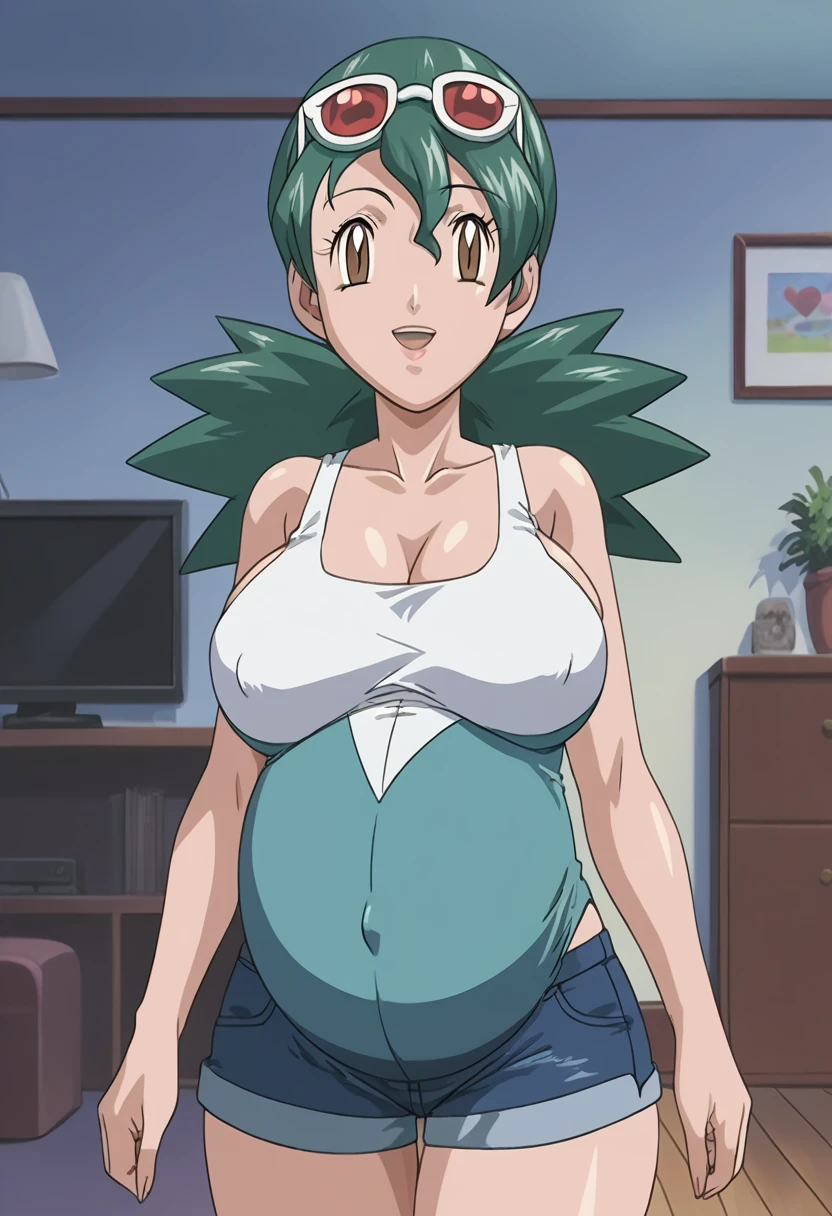 score_9, score_8_up, source_anime Bibl3, busty shortstack, jenny (pokemon), green hair, huge breasts, wide hips, viewed from front, standing in living room, vacant smile, staring at viewer, pregnant, open mouth, looking at viewer, empty eyes, multicolor tank top, exposed pregnant belly, denim shorts, full lips, vivid lips, detailed eyes, detailed face, pretty woman, morning