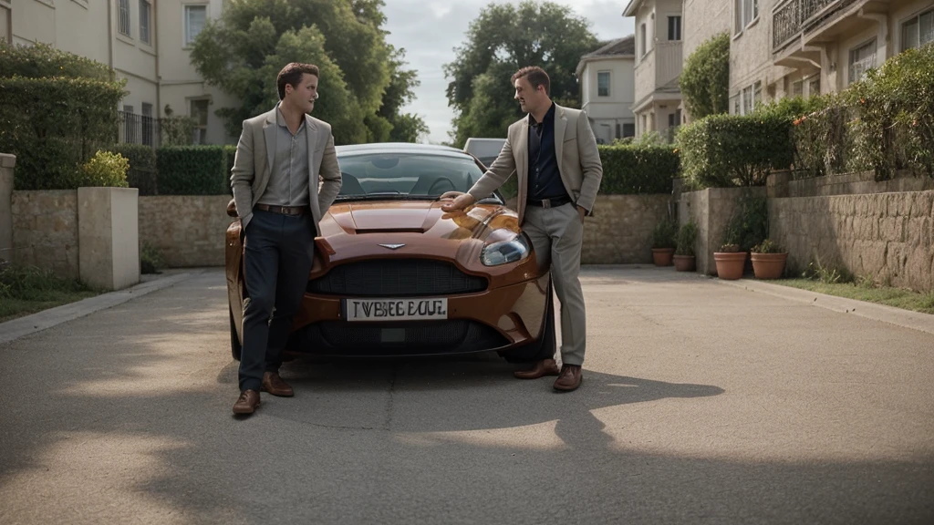 Generate a captivating photoshoot scene featuring a woman and man standing next to an Aston Martin car with its doors opened, radiating summer vibes with warm colors. atmosphere, infusing the image with a sense of warmth and vitality.
