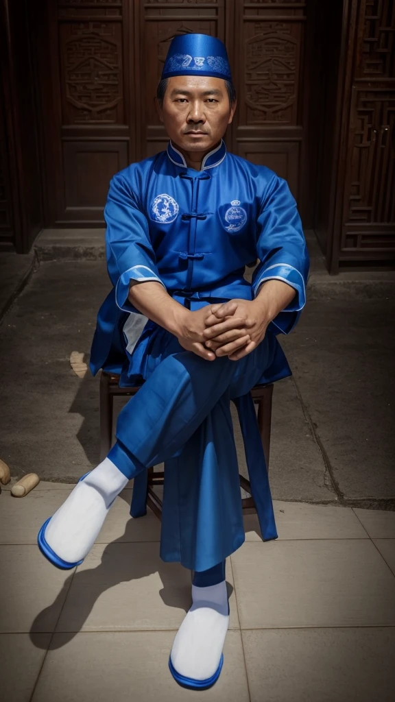 there is a man sitting on a chair wearing a blue uniform, a colorized photo inspired by Liao Chi-chun, cg society contest winner, realism, in the style of sifu 🔥 😎 🕹️ 👀 :2, traditional tai costume, realism artstyle, wearing authentic attire, changquan, with acient chinese clothes, [ digital art ]!!, potrait