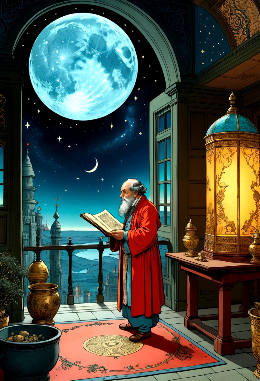 mysterious Astrologer, by dan mumford, full body, cinematic still, cinemascope, best quality, masterpiece, very aesthetic, perfect composition, intricate details, ultra-detailed, vivid colors
