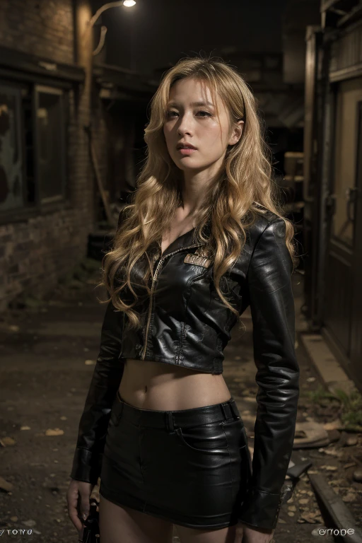 Dark alley at night,tense atmosphere, (original photography:1.3), (best quality), (Extremely detailed),(Messy hair),(Inspired by the 007 movie),(Real stills:1.3),007 Style,American female agent,blond hair,long golden curly hair,Very detailed face,U.S. military combat uniform,long legs