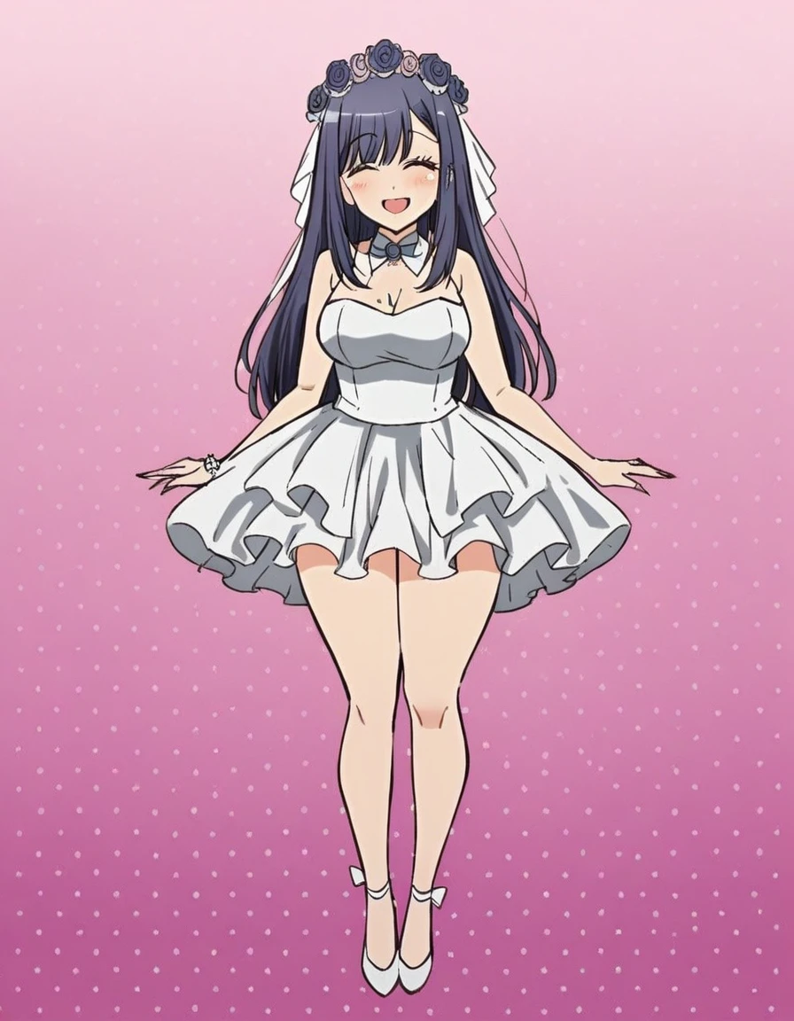 1 woman, age:45, outfit: micro mini wedding dress, colour of the outfit: white, enormous , full body image