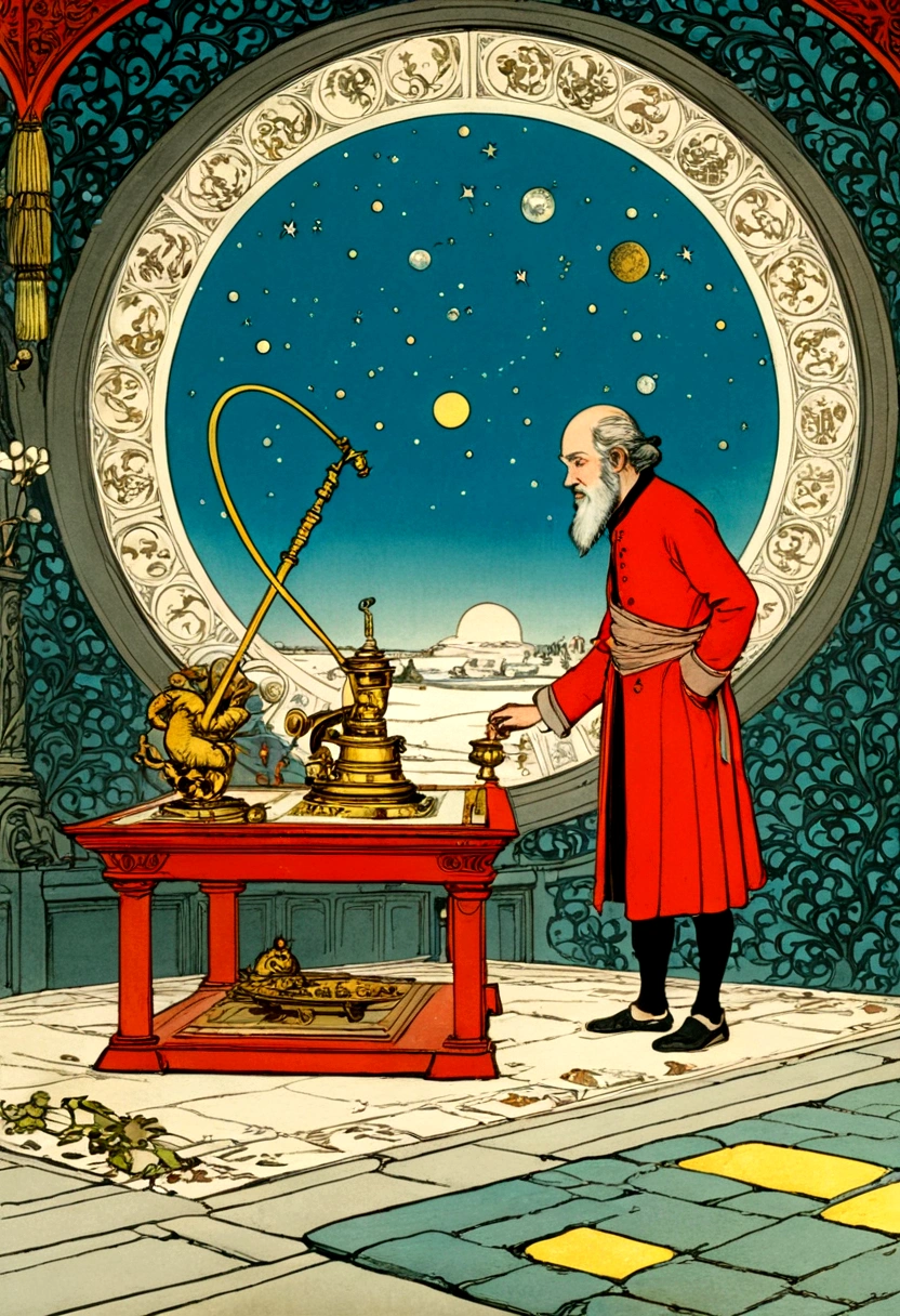 mysterious Astrologer, by dan mumford, full body, cinematic still, cinemascope, best quality, masterpiece, very aesthetic, perfect composition, intricate details, ultra-detailed, vivid colors