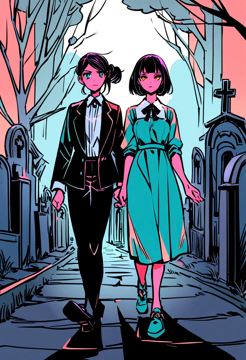 A woman with Latin features with her hair tied up next to her 25-year-old daughter with short hair and the two are walking in a cemetery.