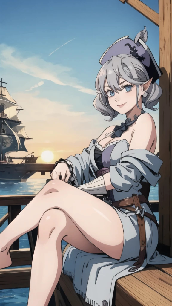 Beautiful arts wallpaper Sunset Outside castle top High level image quality best image quality 8K adult woman on pirate ship with black seals more colors whole body view portrait ears short hair((shortcut)(gray hair)(perm)(fluffy)) eye color is blue , , attractive evil face , smile , wering pirate dress, pirate hat , labrynth , sitting with crossed legs , barefoot , side
