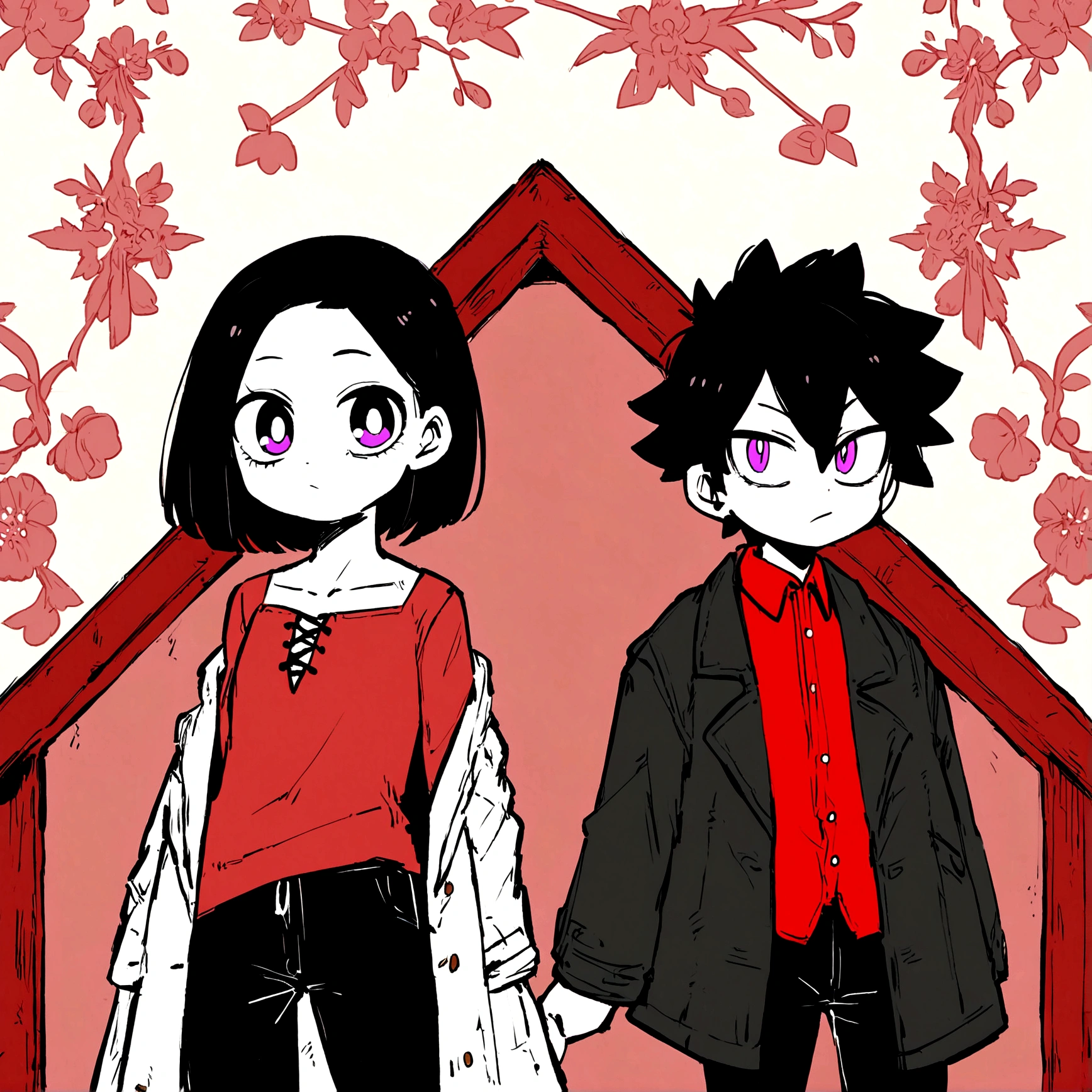 , black hair, short hair, Boku no Hero drawing style, violet eyes, white skin, cute face, detailed face, teenage face, bright eyes, black trousers, red shirt, shabby coat