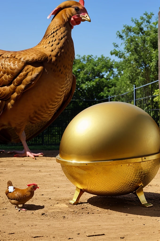 A hen has laid a big golden egg, people are watching.