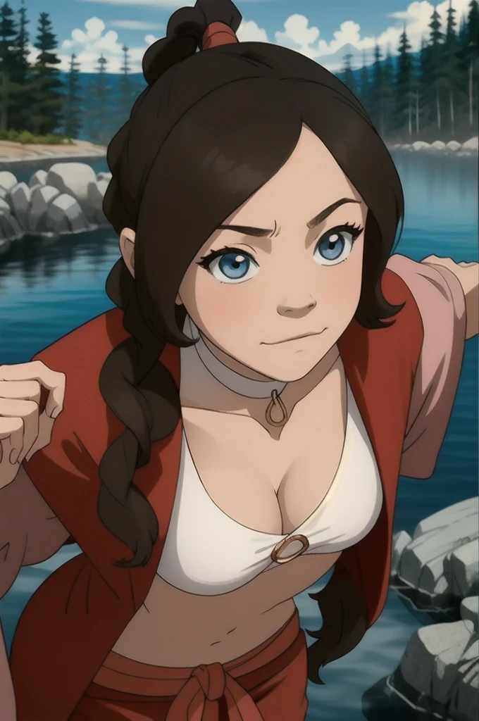 (masterpiece, best quality), Curvy blue eyed girl with long wavy black hair and small breasts, extreme:3.0, lewd:3.0