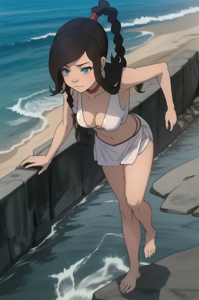 (masterpiece, best quality), Curvy blue eyed girl with long wavy black hair and small breasts, extreme:3.0, lewd:3.0