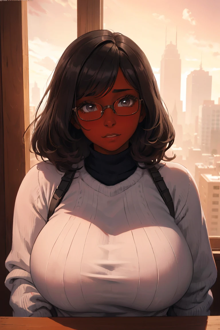 a cute chubby girl with huge black hair, giant hair, short stature, full , blushing look, embarrassed expression, wearing a sweater, dark chocolate skin, (best quality,4k,8k,highres,masterpiece:1.2),ultra-detailed,(realistic,photorealistic,photo-realistic:1.37),highly detailed face, detailed eyes, detailed nose, detailed lips, gorgeous detailed portrait, soft pastel colors, warm lighting, glowing ski, glasses