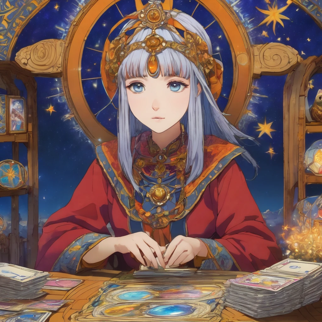 （masterpiece、Highest quality、High definition、Beautiful and delicate eyes and face、Bright colors：1.3）、Astrologer telling fortune with tarot cards、Anime screenshots、 pov、The background is the interior of a gypsy shop.