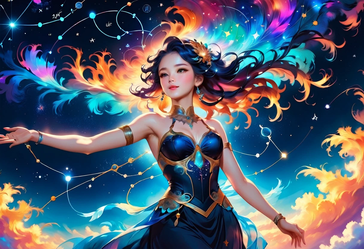 a portrait of the ((libra constellation: 1.3)) in the night sky seen by an astrologer looking at , an extraordinary beautiful woman, there is magic in her eyes divining the future from the Libra constellation, dynamic hair color, dynamic hair style, wearing an intricate black dress decorated with glowing stars, she looks to the night sky seeing the ((Libra constellation in the sky: 1.5)), vibrant, Ultra-high resolution, High Contrast, (masterpiece:1.5), highest quality, Best aesthetics), best details, best quality, highres, 16k, [ultra detailed], masterpiece, best quality, (extremely detailed), Cinematic Hollywood Film, magical sky, Cinematic Hollywood Film, magical sky, FireMagicAI, 