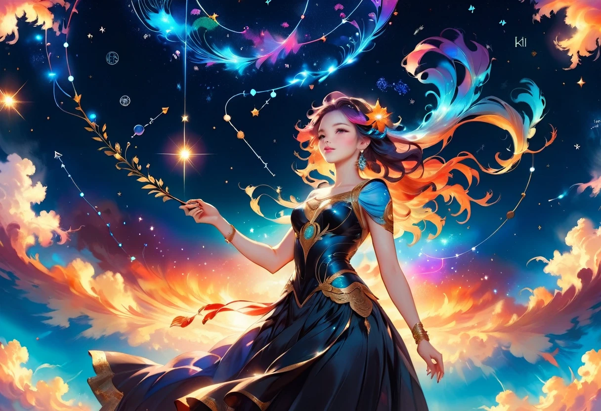 a portrait of the ((libra constellation: 1.3)) in the night sky seen by an astrologer looking at , an extraordinary beautiful woman, there is magic in her eyes divining the future from the Libra constellation, dynamic hair color, dynamic hair style, wearing an intricate black dress decorated with glowing stars, she looks to the night sky seeing the ((Libra constellation in the sky: 1.5)), vibrant, Ultra-high resolution, High Contrast, (masterpiece:1.5), highest quality, Best aesthetics), best details, best quality, highres, 16k, [ultra detailed], masterpiece, best quality, (extremely detailed), Cinematic Hollywood Film, magical sky, Cinematic Hollywood Film, magical sky, FireMagicAI, 