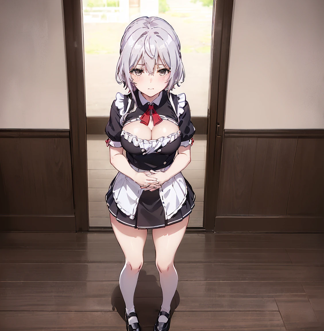 Young girl with grey hair, ((fringed and curly hair)),((curly short twintail)), curly hair ,(red eyes),, ((small bushy eyebrows)), wearing gothic lolita clothing, lolicon , walking to school, bored look, bored face,, suddenly having sex in public, ((doggy style sex)), ((public sex in a restaurant)) naked ass in the male crotch, perfect anatomy, young boy fucking her
