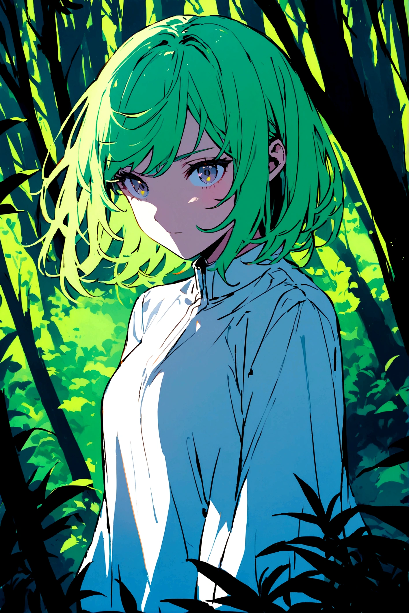 Women , white clothes , green hair , in a forest