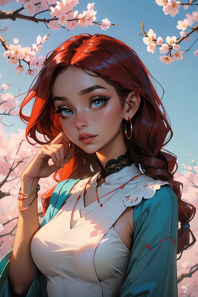 Goddess ((goddess-like woman)), slim, elegant silhouette, masterpiece, (close angle), best quality, cute face, (masterpiece:1,2, best quality), (real picture, intricate details), ( 1 lady, solo, medium tits, narrow waist, (long hair), a woman with long hair, red hair, long wavy red hair, Half braid styling, turquoise eyes, she has an impressive presence., bracelet, hoop earrings, jewelry, beautiful face, beautiful eyes, she looks the Looking at viewer, she is wearing earrings, necklace, many different bracelets, wearing Lace Bodycon Dress (lac3b0dyc0n) , sweet irresistible smile, elegant pose, elegant hands, beautiful hands, perfect fingers, background: background: Park, Japanese garden Cherry trees, cherry blossoms, blue sky, upper body view,