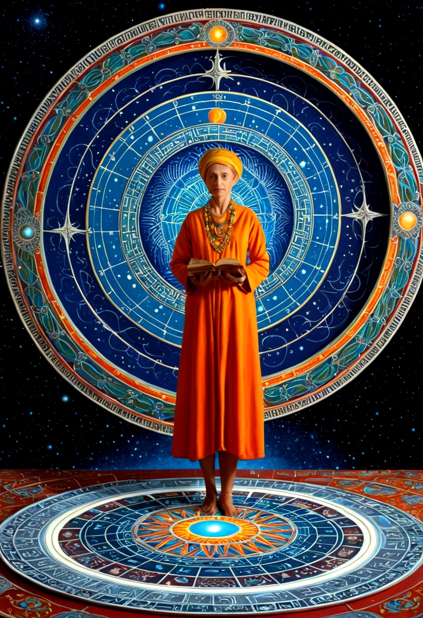 mysterious Astrologer, by James C. Christensen, full body, cinematic still, cinemascope, best quality, masterpiece, very aesthetic, perfect composition, intricate details, ultra-detailed, vivid colors