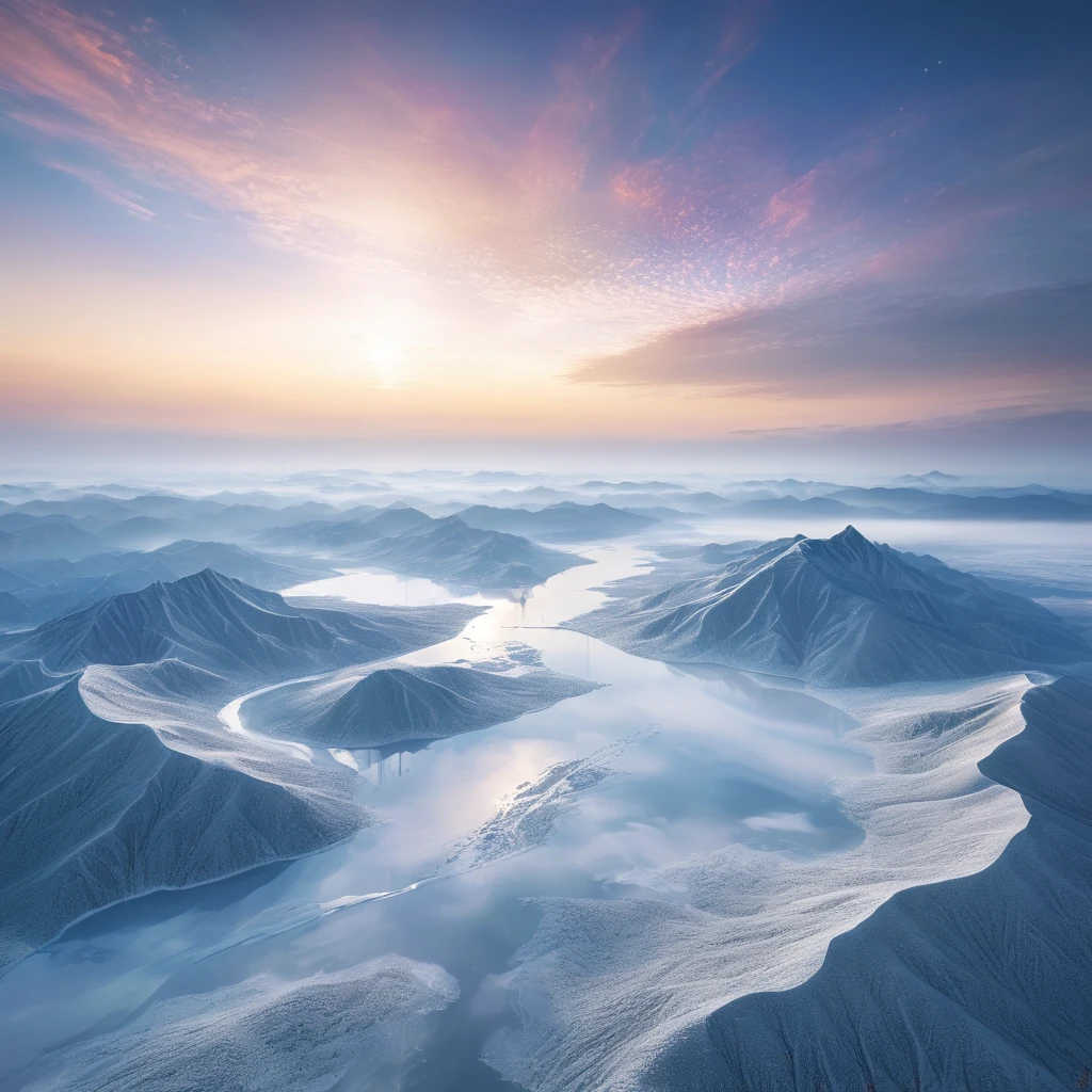 White Glow Minimalist Journey，shining，Aerial View，Uninhabited寒冷氛围下的巨大神秘建筑构成的外星景观, Predicts supernatural weather. The scene is filled with breathtaking beauty, Showcasing ultra-realistic textures and stunning lighting. The winning photo, Shot in 8k with a Canon EOS R5, Popular on ArtStation. Peaceful environment，Uninhabited, Rise up vibrant floats glow， The misty sky adds to the otherworldly beauty, Showing its magnificence.