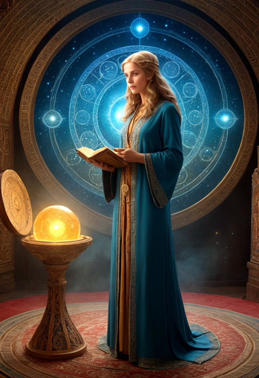 mysterious Astrologer, by James C. Christensen, full body, cinematic still, cinemascope, best quality, masterpiece, very aesthetic, perfect composition, intricate details, ultra-detailed, vivid colors