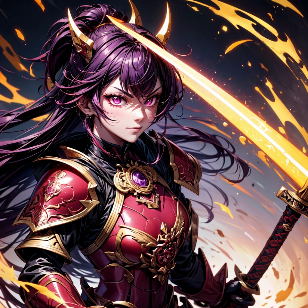 best quality,4K,high resolution),Ultradetailliert,realistisch,portrait, Lila Samurai Sukkubus mit einen katana dunkelrotem Haar, a purple-dark red armor with gold neon lights with gold trim and glowing red eyes, Leuchtende Farben, delicate features, seductive glance, Charming smile, wallende Haare, sanfte Beleuchtung