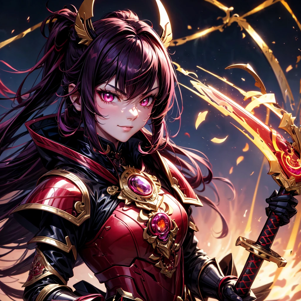 best quality,4K,high resolution),Ultradetailliert,realistisch,portrait, Lila Samurai Sukkubus mit einen katana dunkelrotem Haar, a purple-dark red armor with gold neon lights with gold trim and glowing red eyes, Leuchtende Farben, delicate features, seductive glance, Charming smile, wallende Haare, sanfte Beleuchtung
