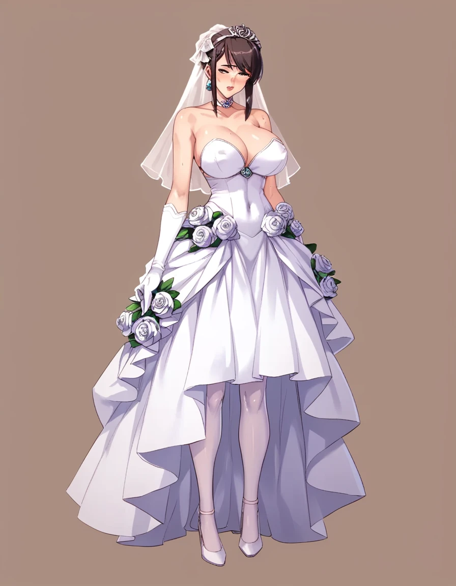 1 woman, age:45, outfit: micro mini wedding dress, colour of the outfit: white, enormous , full body image