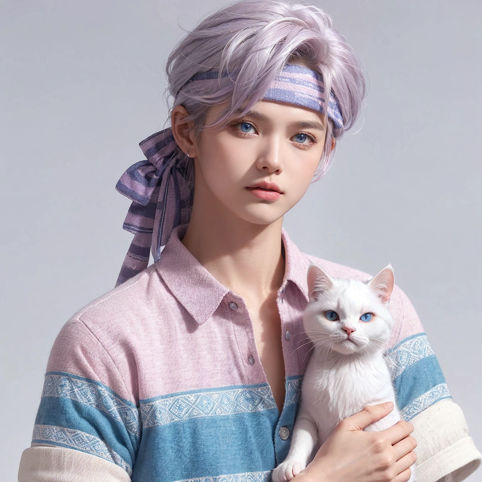 Handsome boy, white hair highlighted with purple, gray eyes, (wearing light pink, blue, and white polo), wearing purple and blue headdress, white cat
