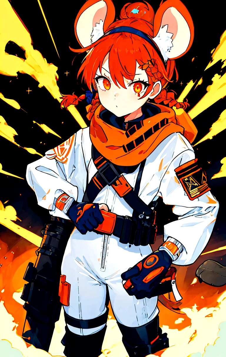 (1girl, standing) short, thin, tiny, small, young, light brown skin girl, egyptian, mouse ears, mouse tail, flame accents, white body suit, white full bodysuit with blue accents, cyberpunk tech suit, long hair, dark orange hair, white head scarf, blue and orange hair beads, cropped jacket, orange jacket, black utility belt with huge black pouches on hips, tech belt, giant hip saddlebags, big eyes, head bandana, turtle neck bodysuit, hair accessories, small braids in hair, hair half up half down, hair stripes, head jewelry, techwear, fire patches, bandages, large ears, glove, fingerless asymmetrical glove, wrapped hands, safety goggles around neck, black straps, fire theme, gun, flaming mouse tail, jacket patches,