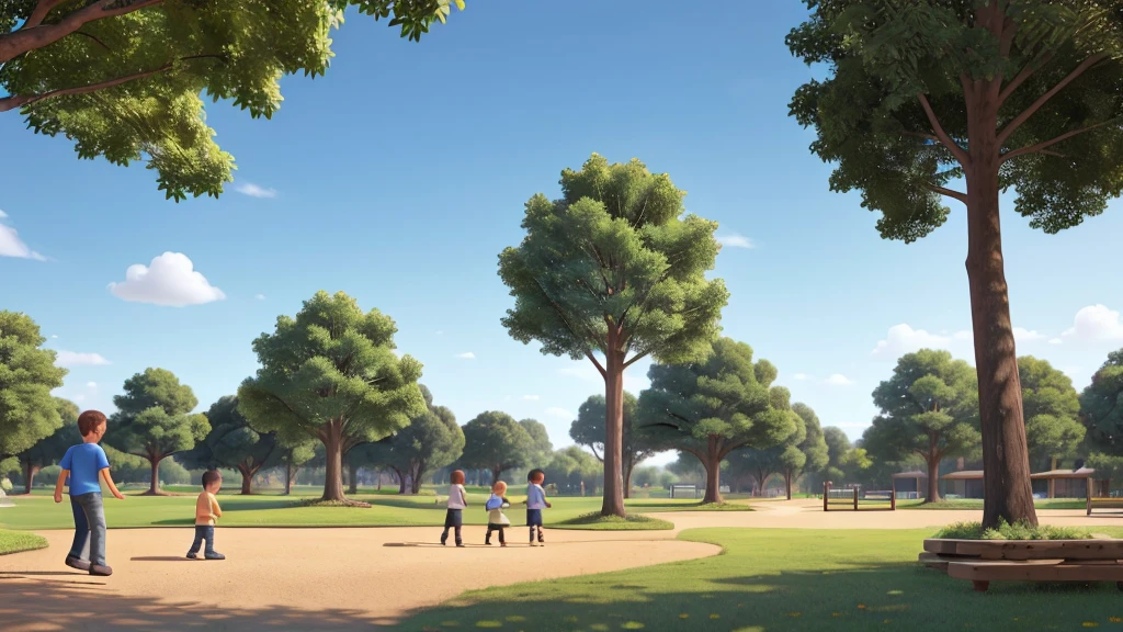 A 47 year old man, with short brown hair and some gray strands, is playing with his three children in a park. The man is wearing a blue t-shirt and jeans. His children are a 7 year old boy, Um menino de 10 anos, and a 13 year old boy. They are playing tag outdoors. The park has green grass, some trees in the background and a clear blue sky with few clouds. The scene is happy and full of laughter.