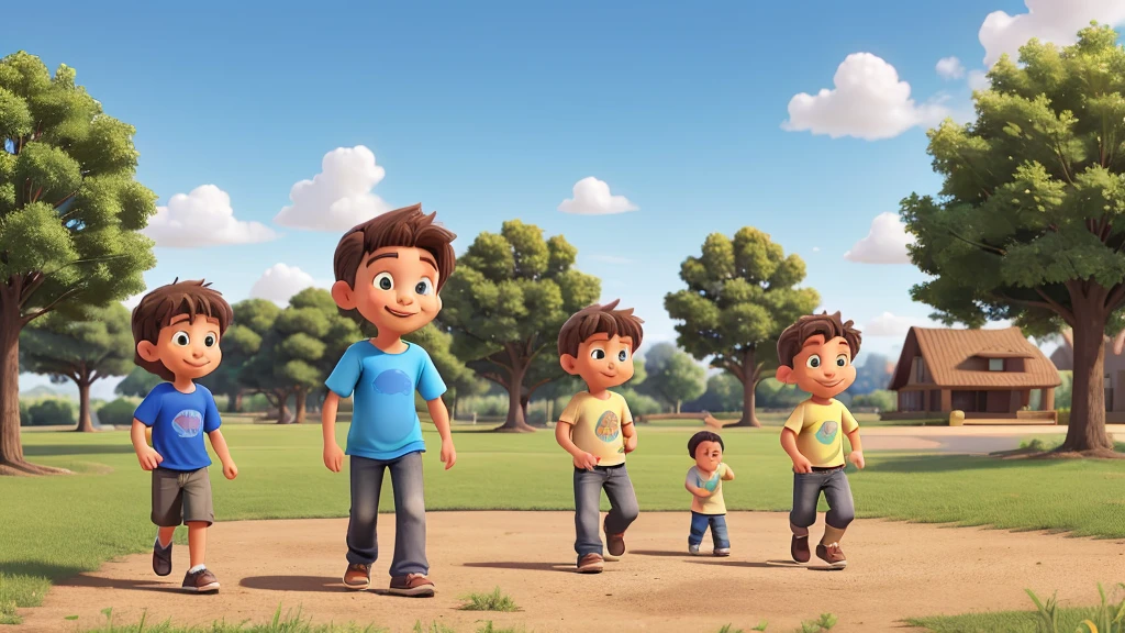 A 47 year old man, with short brown hair and some gray strands, is playing with his three children in a park. The man is wearing a blue t-shirt and jeans. His children are a 7 year old boy, Um menino de 10 anos, and a 13 year old boy. They are playing tag outdoors. The park has green grass, some trees in the background and a clear blue sky with few clouds. The scene is happy and full of laughter.
