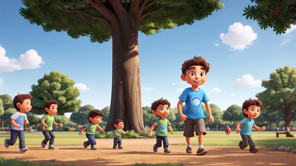 A 47 year old man, with short brown hair and some gray strands, is playing with his three children in a park. The man is wearing a blue t-shirt and jeans. His children are a 7 year old boy, Um menino de 10 anos, and a 13 year old boy. They are playing tag outdoors. The park has green grass, some trees in the background and a clear blue sky with few clouds. The scene is happy and full of laughter.