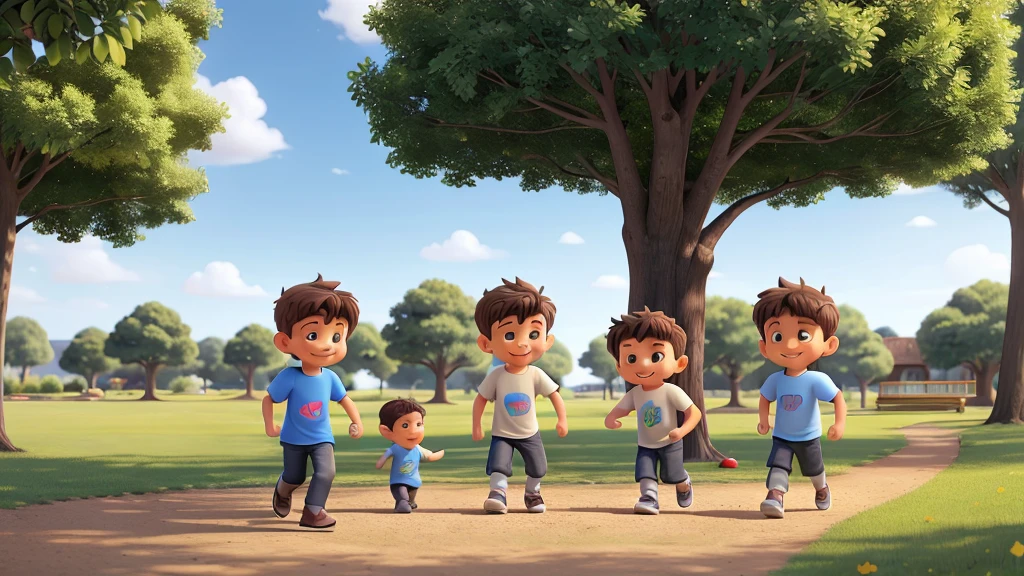 A 47 year old man, with short brown hair and some gray strands, is playing with his three children in a park. The man is wearing a blue t-shirt and jeans. His children are a 7 year old boy, Um menino de 10 anos, and a 13 year old boy. They are playing tag outdoors. The park has green grass, some trees in the background and a clear blue sky with few clouds. The scene is happy and full of laughter.