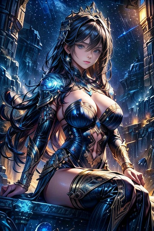 ancient astrology, sexy female astrologer, full body shot, sits near charts of star locations, highly detailed, 8k, photorealistic, cinematic lighting, dramatic atmosphere, intricate zodiac, worn leather outfit, cleavage, concentrated expression, starry night sky background, glowing dials and displays, complex algorithms