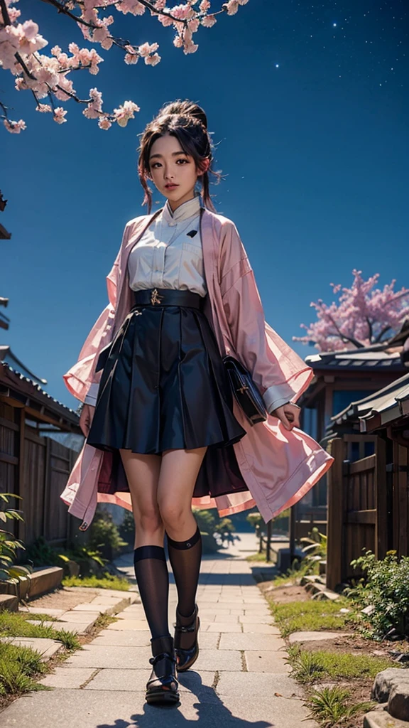Shinobu kocho from demon slayer, wearing jacket, standing cherry blossom garden, full body capture, gorgeous meaningful , night time, galaxy sky, high quality picture