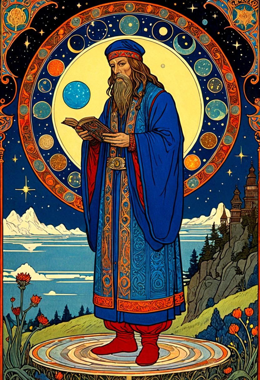 mysterious Astrologer, by James C. Christensen, full body, cinematic still, cinemascope, best quality, masterpiece, very aesthetic, perfect composition, intricate details, ultra-detailed, vivid colors