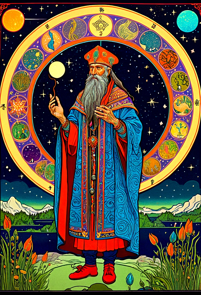 mysterious Astrologer, by James C. Christensen, full body, cinematic still, cinemascope, best quality, masterpiece, very aesthetic, perfect composition, intricate details, ultra-detailed, vivid colors