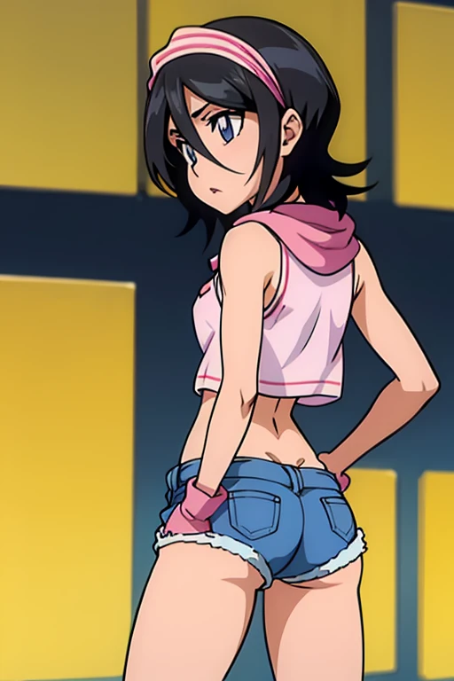 girl in booty shorts, wearing oven mittens tucked in pockets, blindfold