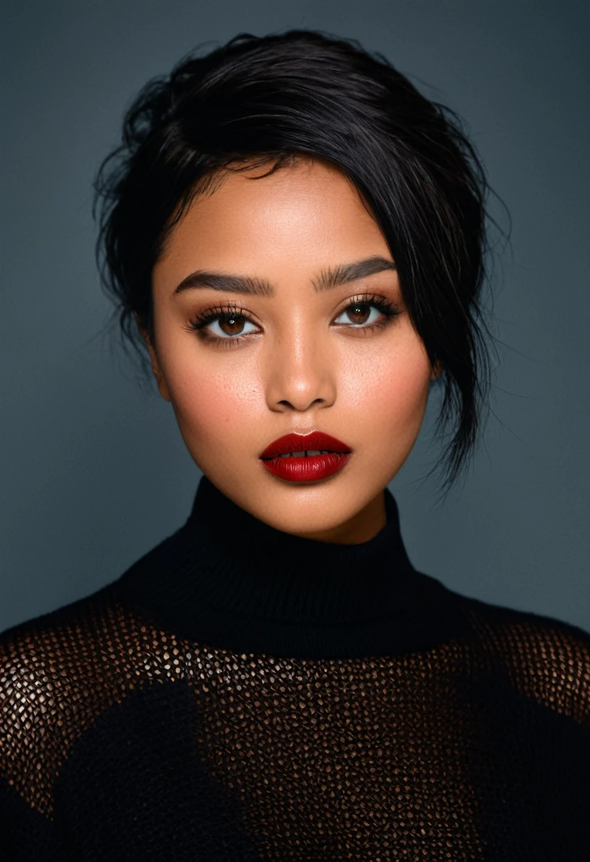 features a young individual with very dark skin, plump lips and dark hair cut slightly below the chin. Lots of makeup, dark red lipstick. Your eyes are light in color, and they have prominent freckles on their cheeks and nose. The individual is looking directly at the viewer, displaying a neutral to subtly thoughtful expression, with the head slightly tilted. They are wearing what appears to be a dark sweater or blouse.. The background is solid, in warm tones, coral color that contrasts with the subject's dark hair and pale complexion, bringing focus to your face and expression.