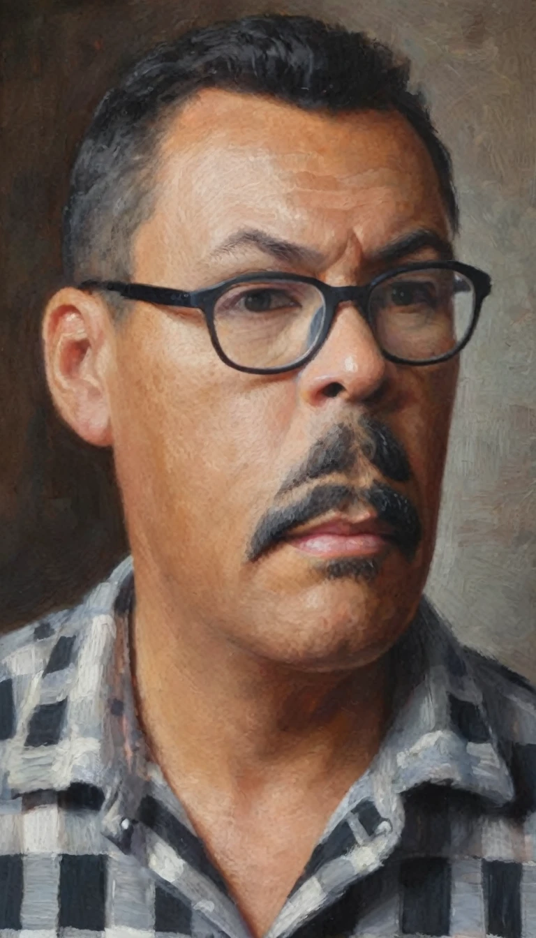 Half-body portrait of a man with glasses and a mustache, short hair with a fade on the sides, wearing a checkered shirt. The portrait is done in acrylic painting style, capturing the texture and depth of the medium. The background is softly blended, enhancing the focus on the man. The lighting is warm and natural, adding a realistic touch to the painting. (acrylic painting style:1.2), (highly detailed:1.1), (soft lighting:1.1), (textured brushstrokes:1.1), (warm tones:1.1).,gutto2024abr 