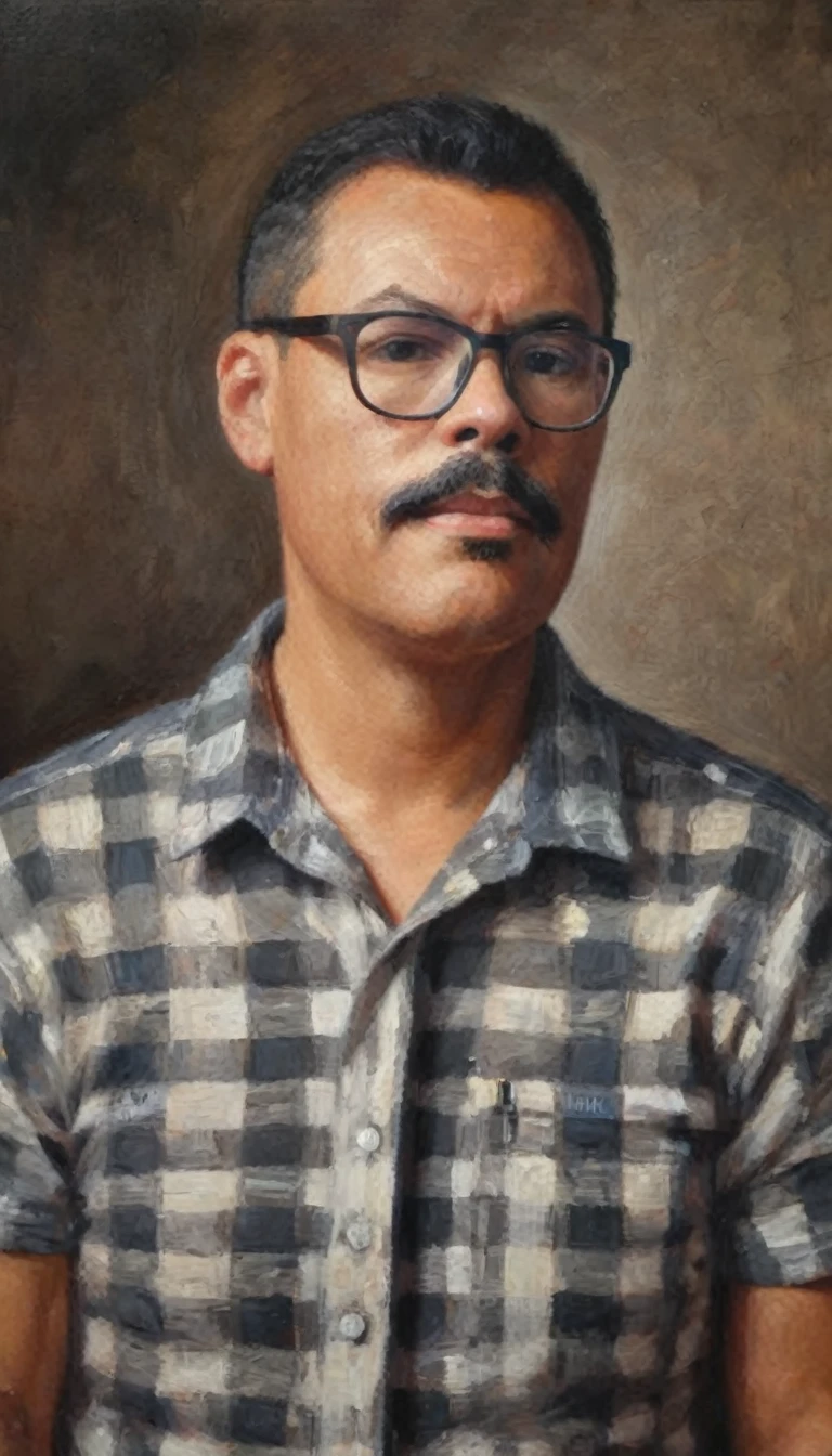 Half-body portrait of a man with glasses and a mustache, short hair with a fade on the sides, wearing a checkered shirt. The portrait is done in acrylic painting style, capturing the texture and depth of the medium. The background is softly blended, enhancing the focus on the man. The lighting is warm and natural, adding a realistic touch to the painting. (acrylic painting style:1.2), (highly detailed:1.1), (soft lighting:1.1), (textured brushstrokes:1.1), (warm tones:1.1).,gutto2024abr 